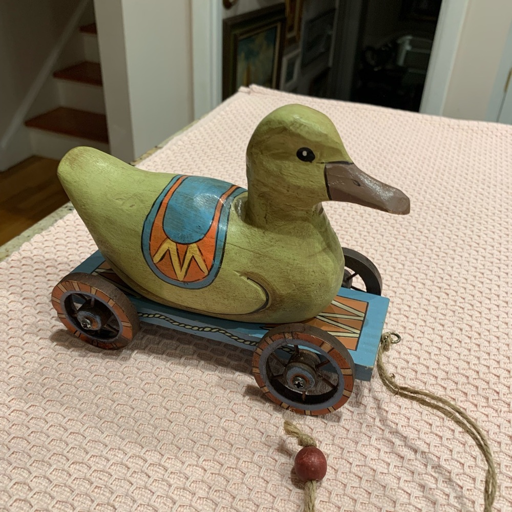 Vintage Wooden Duck Pull Toy on Wheels